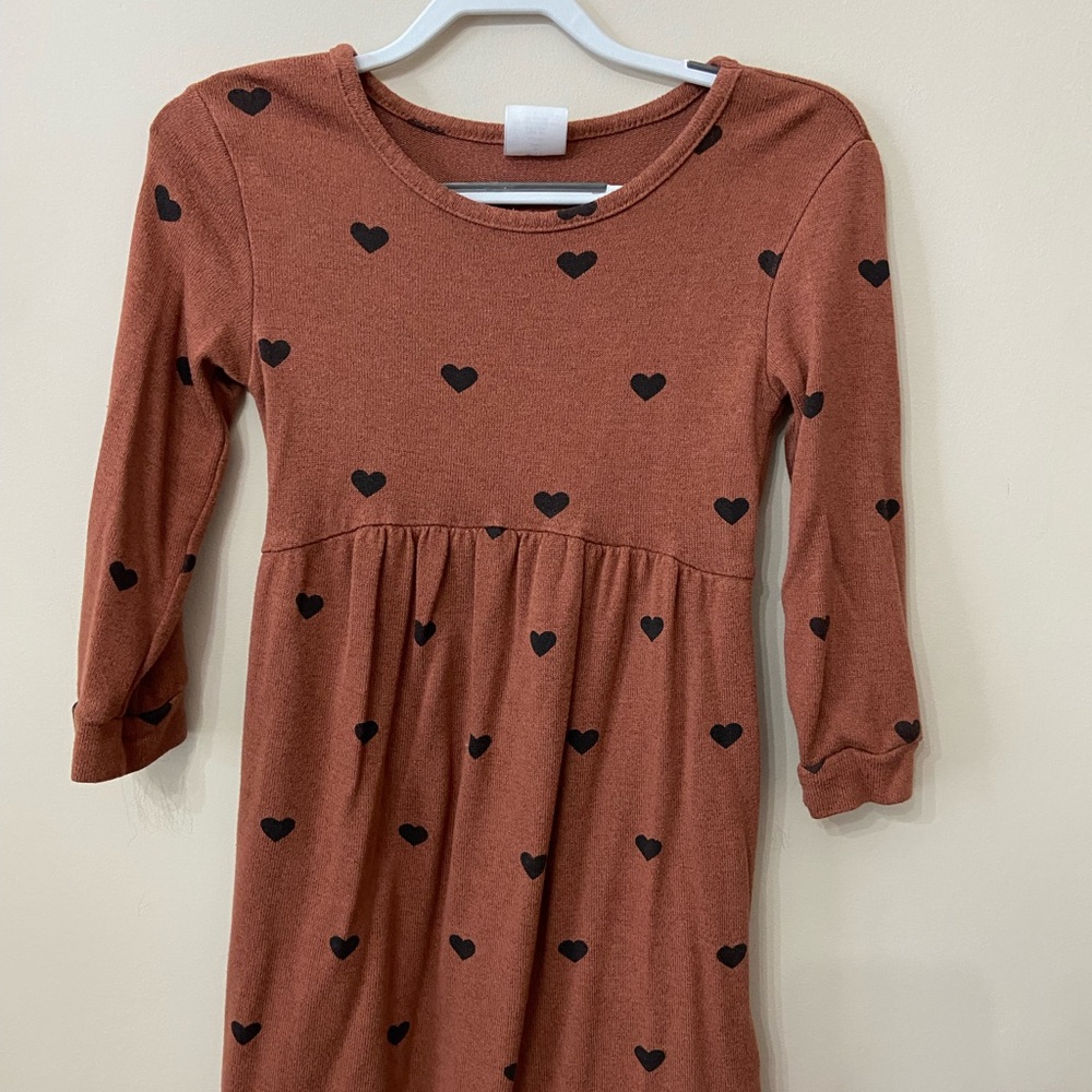 Heart Patterned Kids Dress - Brown